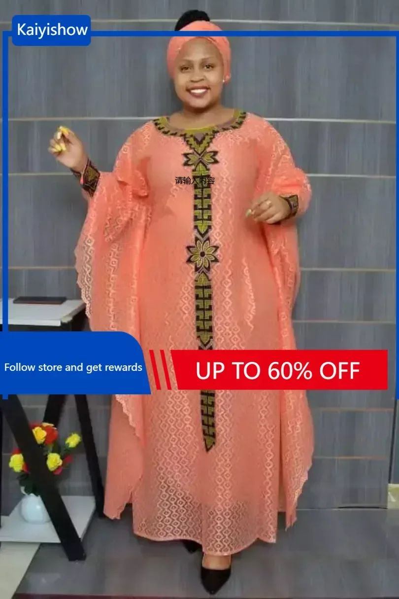 2024 African Dresses for Women Muslim Lace Boubou Dashiki Traditional Africa Clothes Ankara Outfits Evening Gown With Headtie