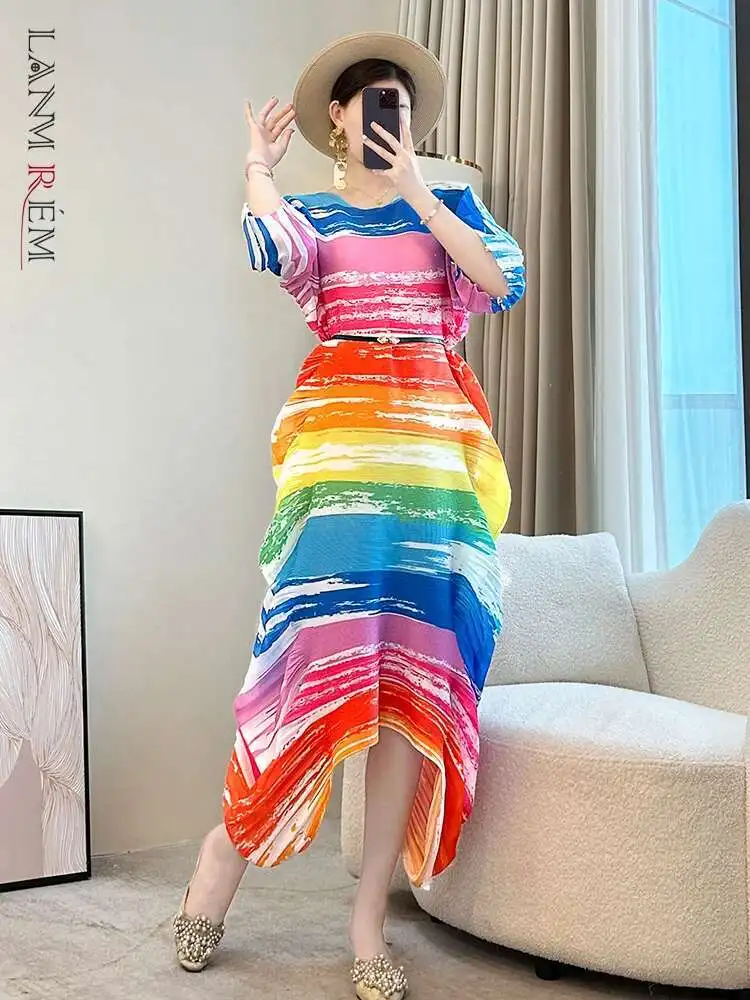 LANMREM Niche Colorful Printting Pleated Dress For Women 2025 New Loose Casual Round Collar Irregular Hem Dresses Chic 2DB2986