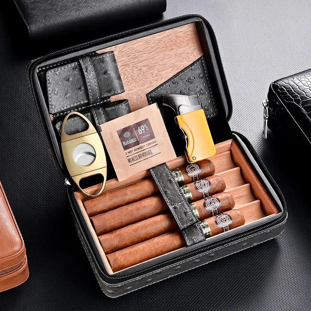 Cigar Humidor Cow Leather Cigarette Set Gift Box Portable Multifunction  Cigar Box with Cutter Lighter Drill Moisturizing - AliExpress