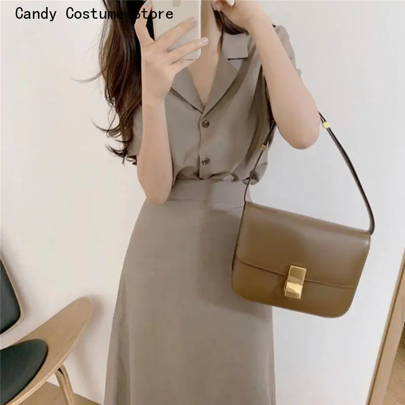 Elegant Korean Style Office Ladies Slim Outfits Summer Turn-Down Collar Design Simple Daily Tops Skirt Popularsets Women