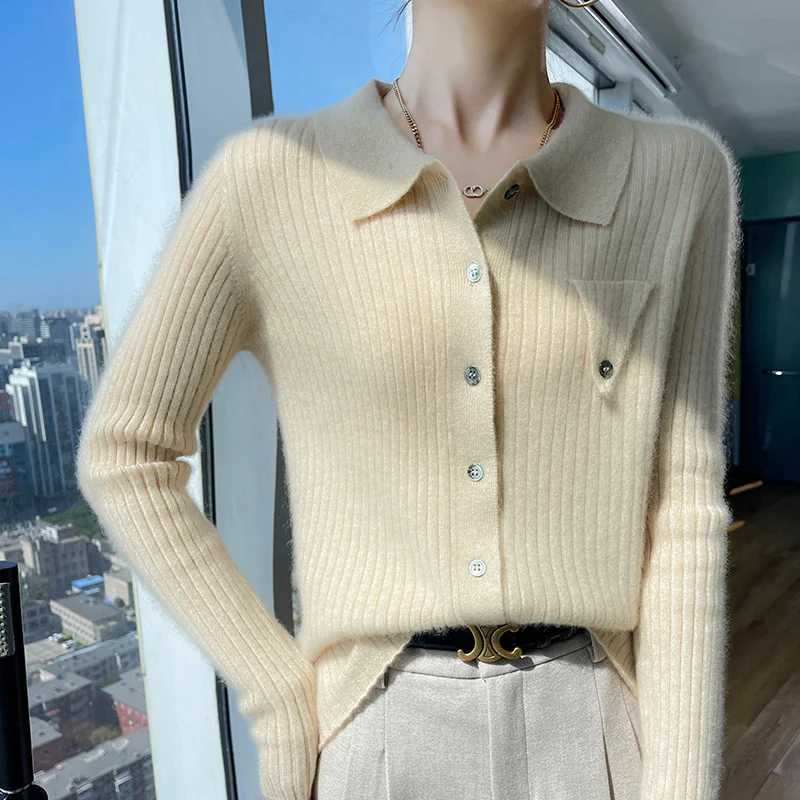 

100% Wool Cardigan Ladies Polo Neck Solid Color Sweater New Long-Sleeved Cashmere Casual Bottoming Coat In Autumn And Winter.