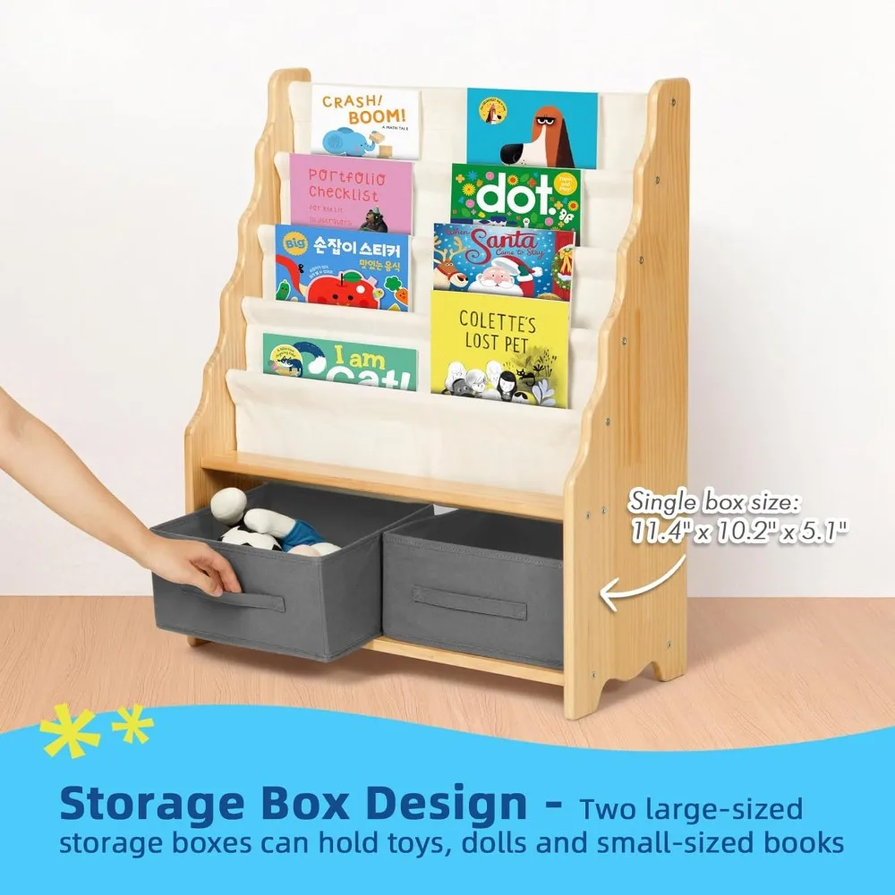 

Solid Wooden Bookshelf for Kids, 27.6" L X 11" W X 34" H Toddler Bookshelf Equipped with 4 Sling Bookshelf