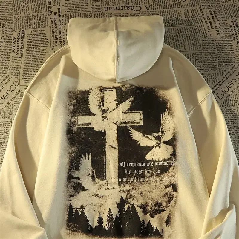 American Vibe Style High Street Dark Wind Cross Peace Dove Hooded Sweater Trendy Brand Lazy Style Men and Women Couple Clothing