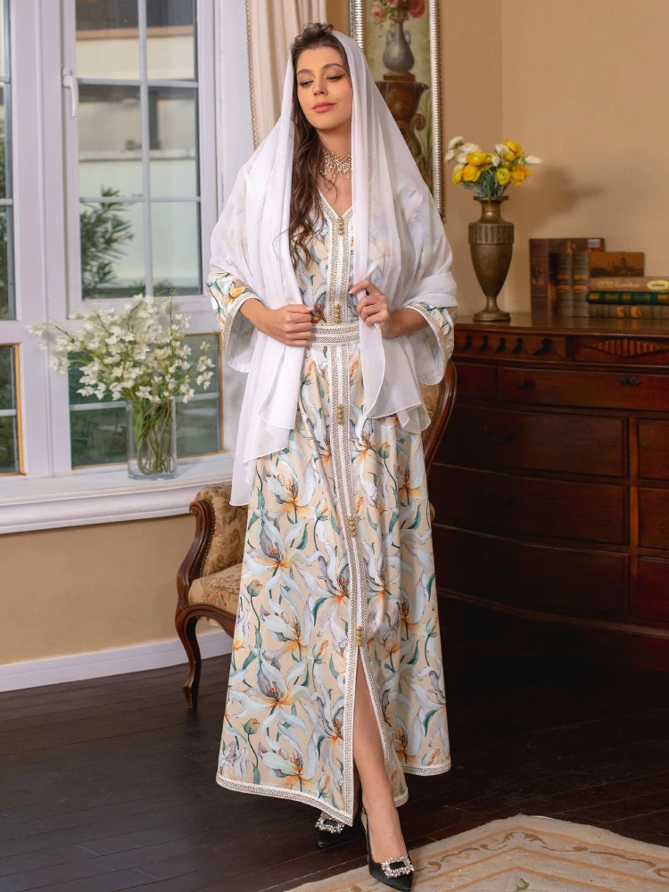 

Eid Muslim Women Dress Abaya Morocco Party Dresses Abayas Elegant Floral Prayer Long Sleeve Robe Ramadan Musulman Maxi Vestidos