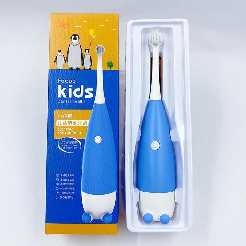 thumbnail image 1 of Cepillo de dientes eléctrico para niños de 3 a 15 años con bonito diseño de pingüino de dibujos animados y cabezales de repuesto suaves, batería seca sónica AAA, 1 of 5