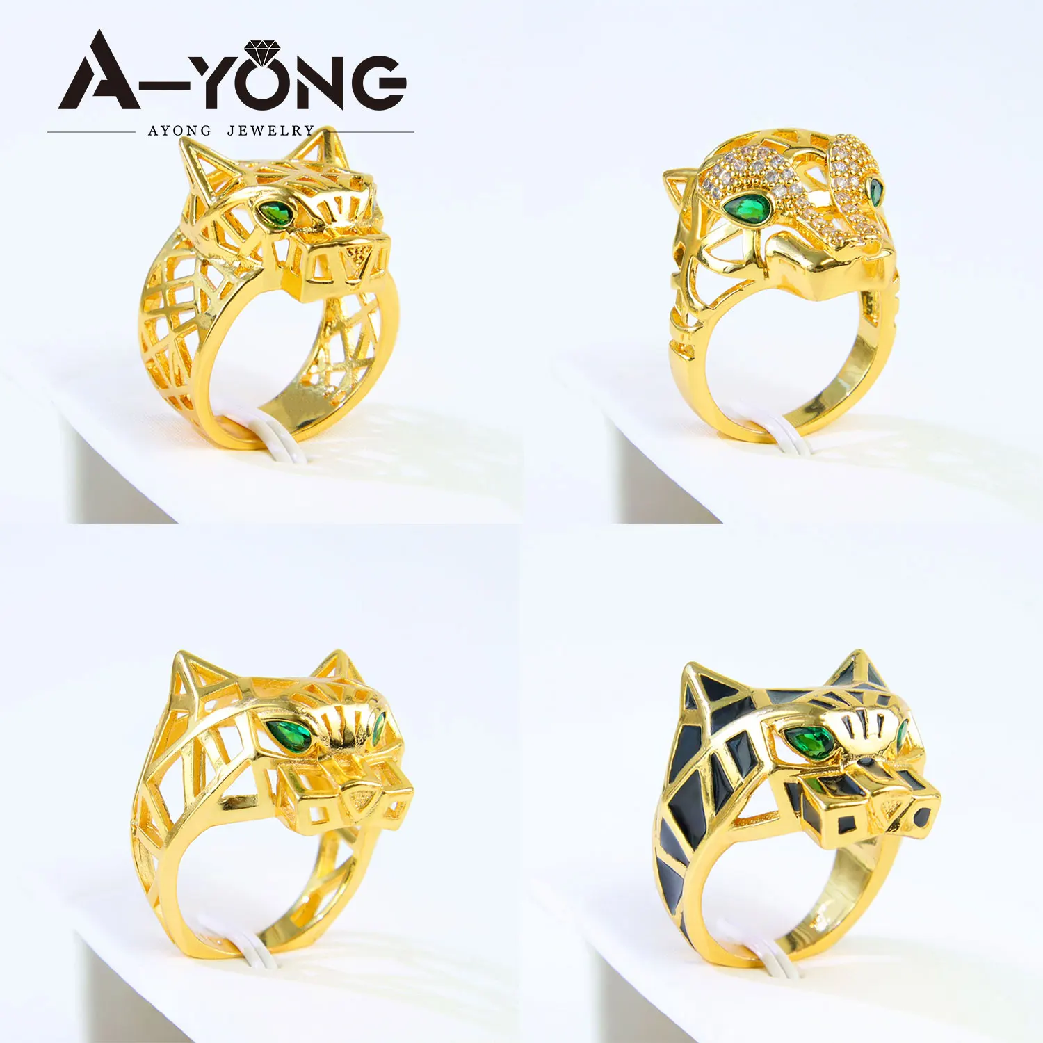 Luxus Hip Hop Leopard Kopf Große Ringe 21k Gold Überzogene Dubai Zirkonia Mode Panther Ring Nahen Osten Punk Schmuck