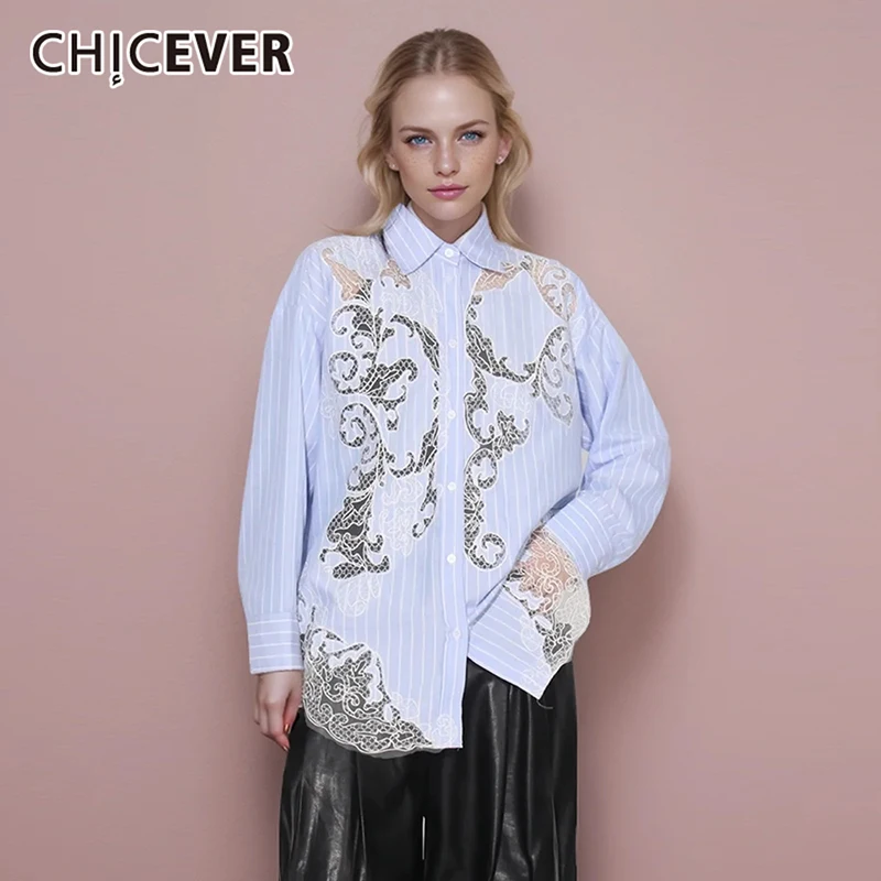 

CHICEVER Patchwork Lace Shirts For Women Lapel Long Sleeve Single Breasted Loose Folds Striped Hit Color Casual Blouse Female
