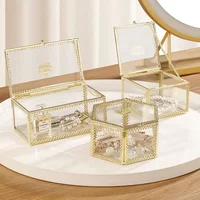 1pc European Crown Earrings Ring Storage Box Gold Glass Transparent Jewelry Tabletop Jewelry Organizer Box Excluding Jewelry 1