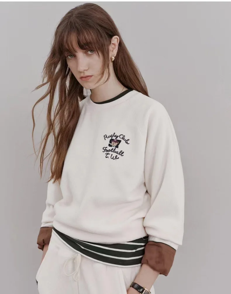 

Winter Fleece Hoodies Sweatshirts White Color Loose Casual Bear Embroidery Tops Lady Clothing Girl Oversized Hoodie