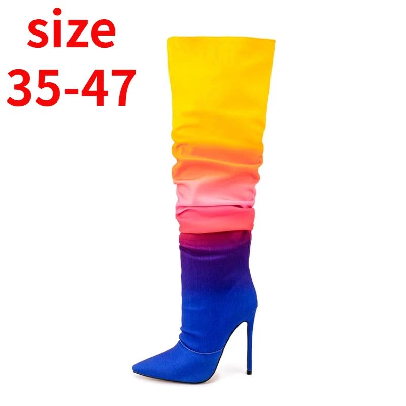 

2023 Autumn New Fashion Brand Design Women's Colored Pleated Knee Boots Pointed Toe High Heels Womens Shoes Plus Size 43 45 47