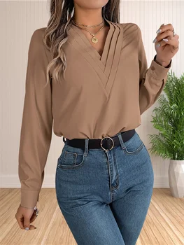 Women's Elegant Business Office Blouse Layered V Neck Long Sleeve 2024 Dressy Shirts Work Tops 1