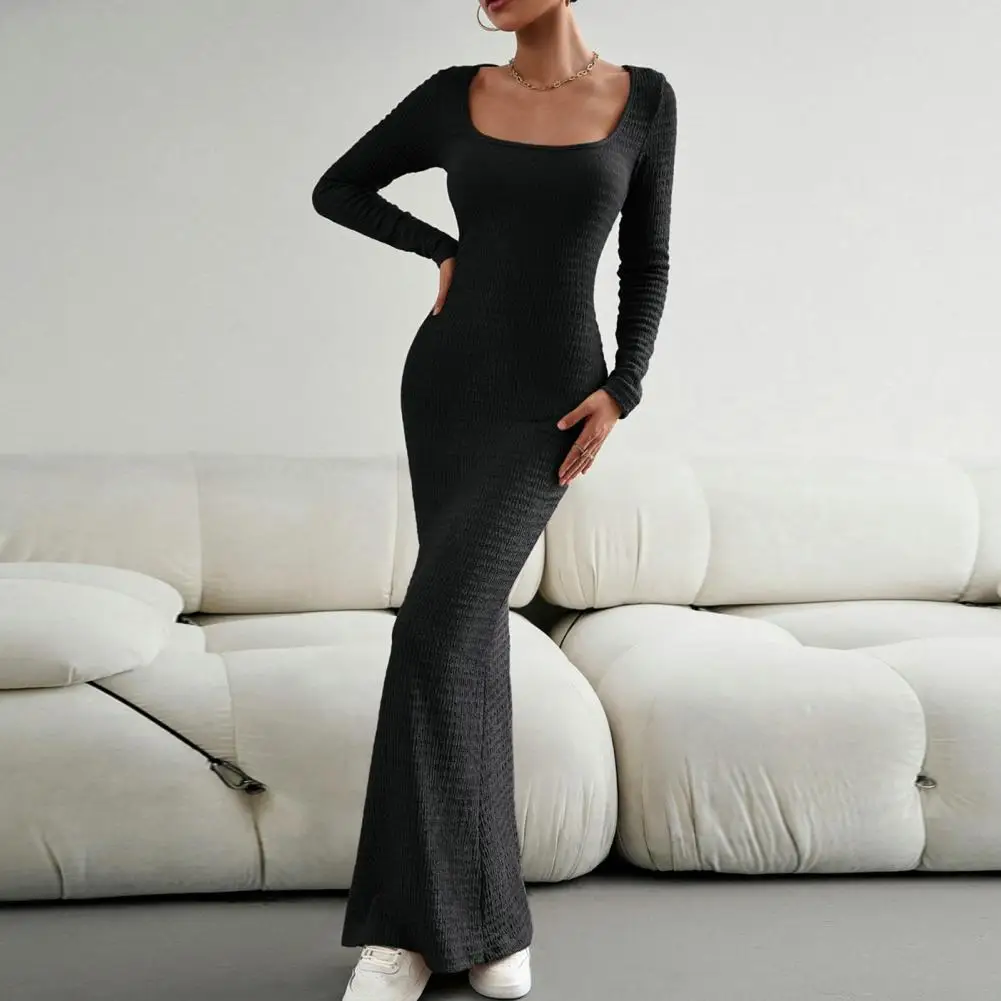

Knitted Maxi Dress Elegant Ankle-length Maxi Dress for Women Soft Knitted Square Neck Skinny Elastic Solid Color Long for Spring