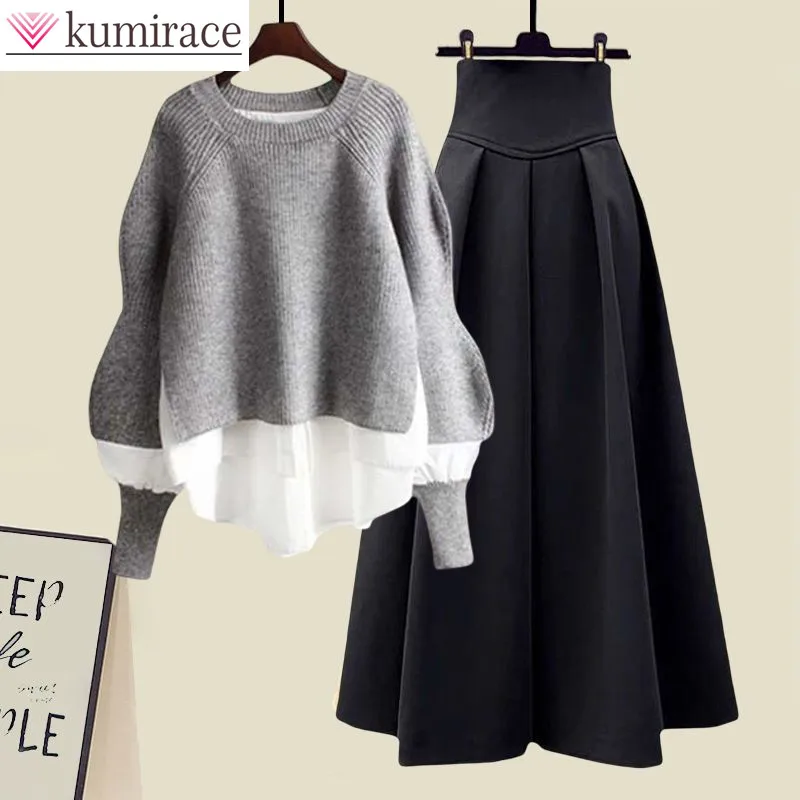 Spliced Knitted Sweater Shirt Pullover Slim Fit Half Skirt Two Piece Elegant Women's Dress Set Winter Outfits