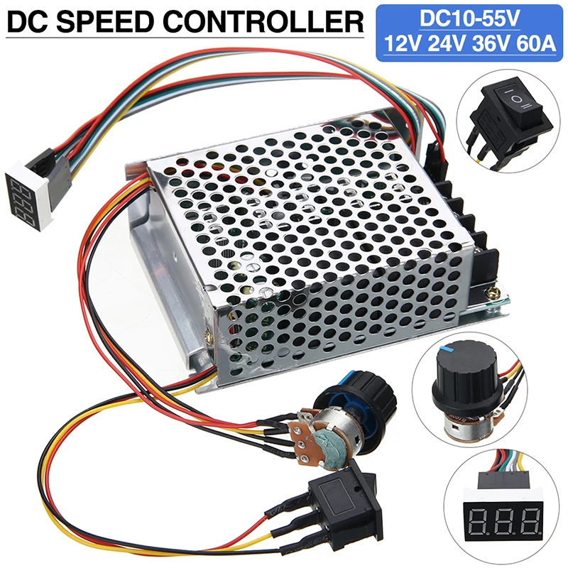 DC 10-55V 12V 24V 48V 60A PWM DC Motor Speed Controller CW CCW Reversible Switch 