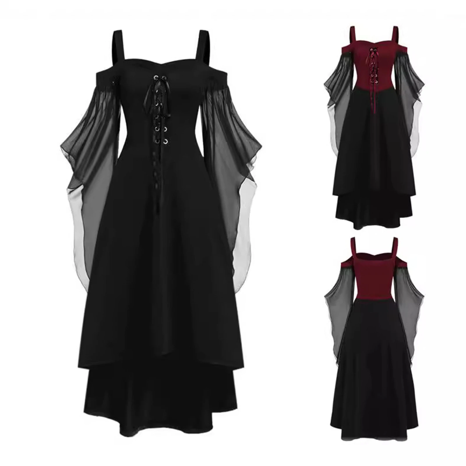 Renaissance Dress For Women Medieval Gothic Lace Up Fairy Dress Square Neck Plus Size Irregular Hem Halloween Cosplay Dresses