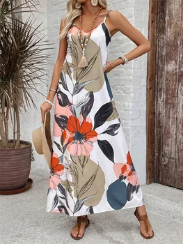 Abito da donna casual alla caviglia con stampa floreale fresca, abito sexy con scollo a V di tendenza urbana da strada, abito da sera lungo per feste 1