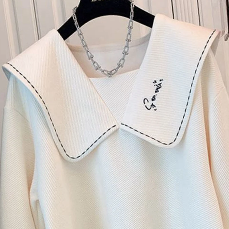 Spring Autumn New Solid Color Fashion Doll Collar Sweatshirts Women High Street Casual Embroidered Pullovers Youth All-match Top