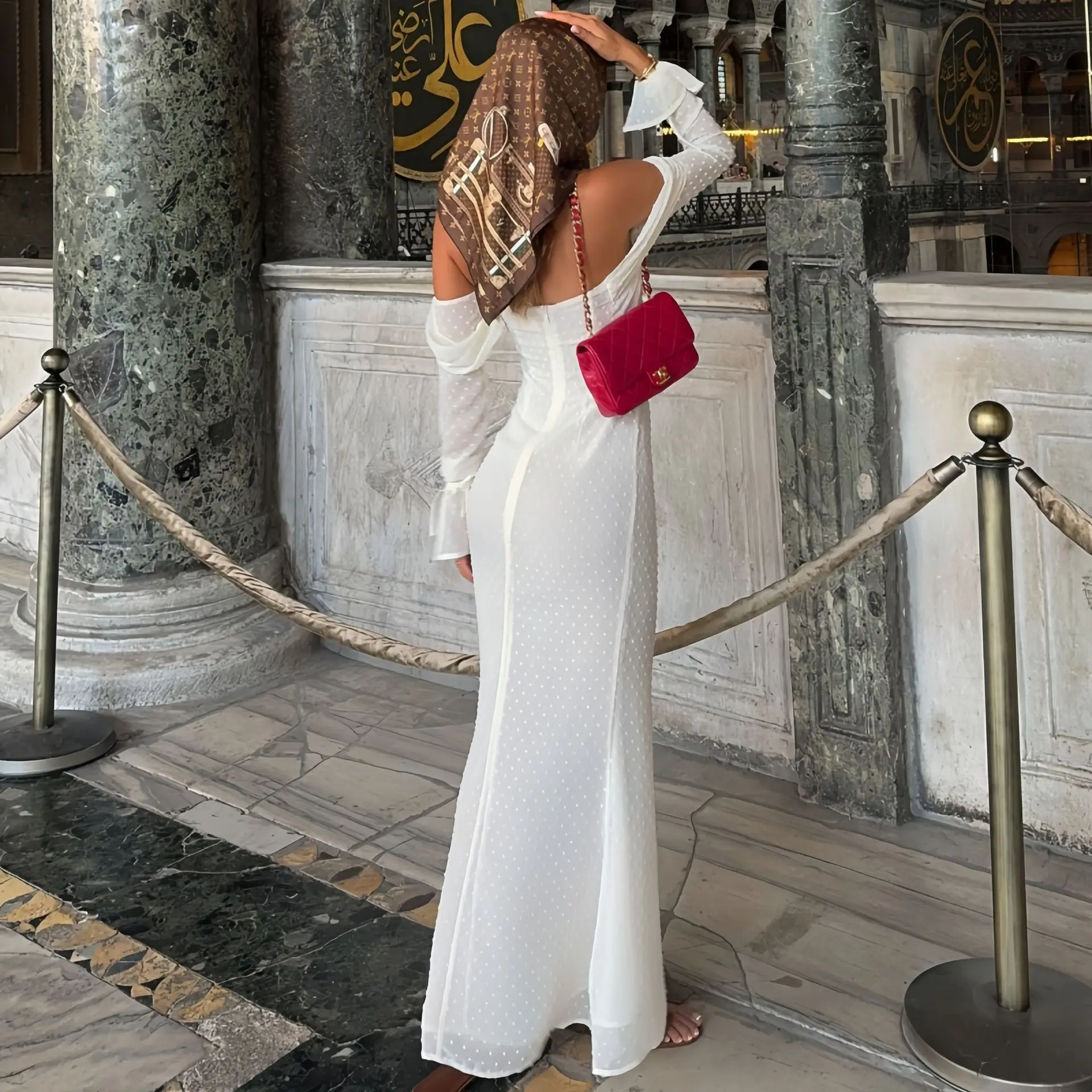 Vestido largo de malla de moda sin espalda para mujer, con cordones, cintura alta, hombros descubiertos, ajustado, elegante vestido de fiesta de otoño para mujer