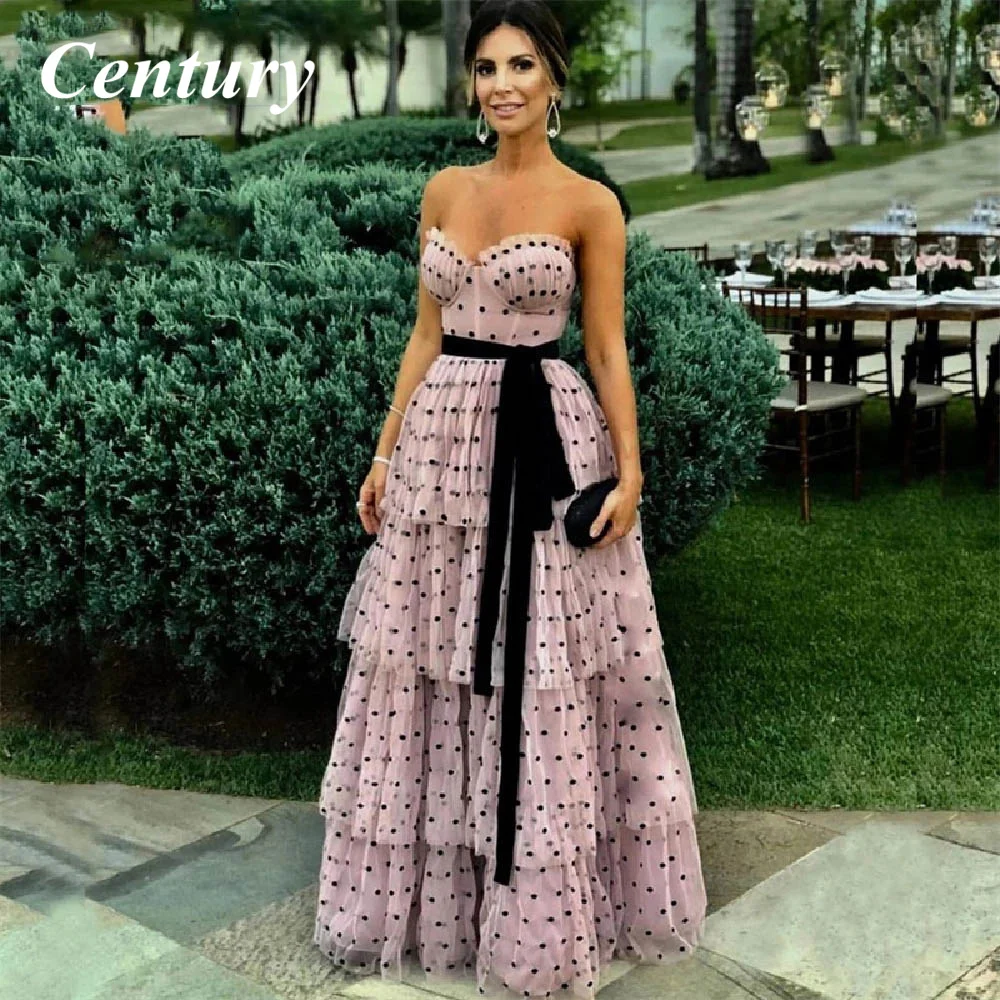 Black Dots Tulle Evening Dress Modern Black Polka dot Dusty Pink Tiered Black Sash Sweetheart Neck Prom Party Gown robe soiree