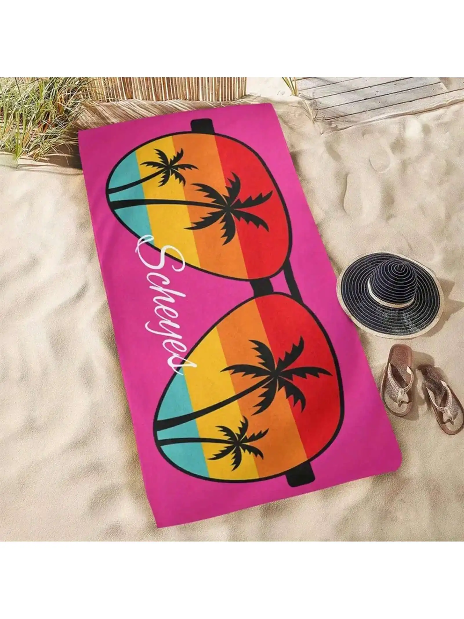 Bohemian Style Customizable Beach Towel with Unique Glasses And Palm Tree Design for Beaches Pools And Travel Picnics