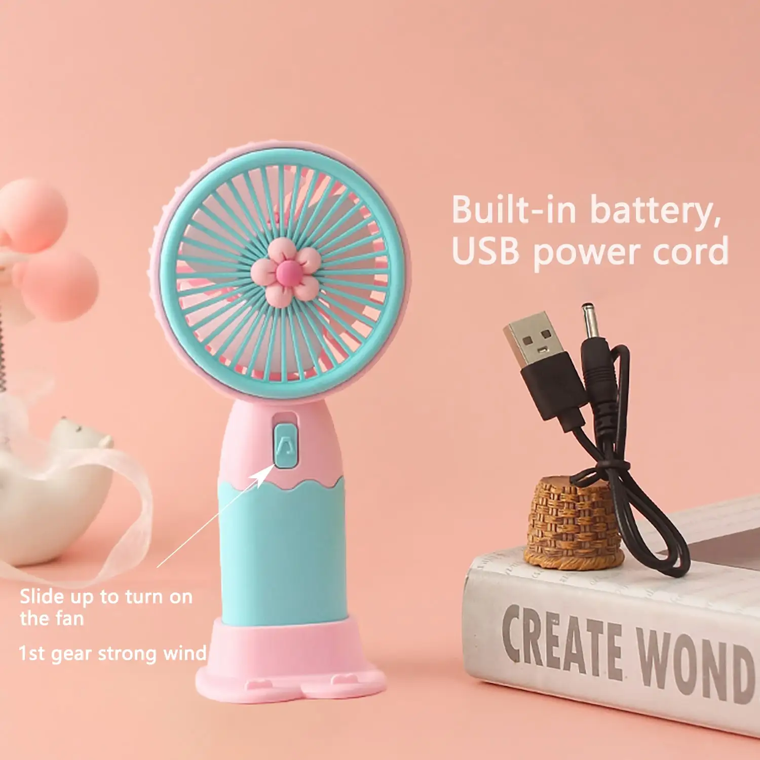 New Best-selling Portable USB Charging Handheld Fan with Stand Suitable for Home Office Vacation Outdoor Use Detachable Base 5