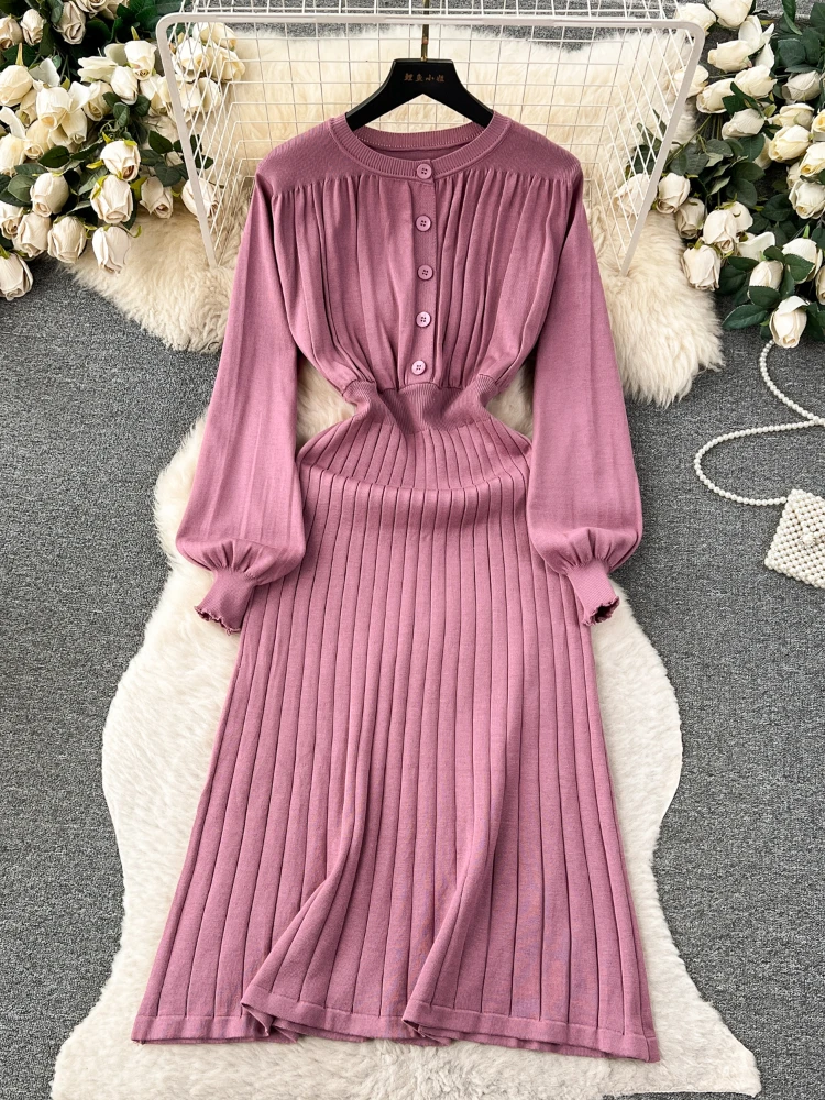 Puff Long Sleeve Button Midi Dress Pink