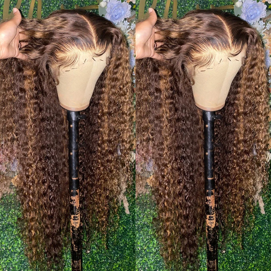 30 Inch Highlight Ombre Deep Wave Lace Front Human Hair Wigs Honey Brown Colored 13x6 HD Curly Transparent 13x4 Lace Frontal Wig
