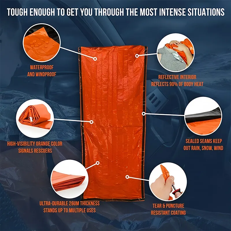 Sac De Couchage Thermique D'urgence – Imperméable, Compact, Pour Camping Et Survie, Orange