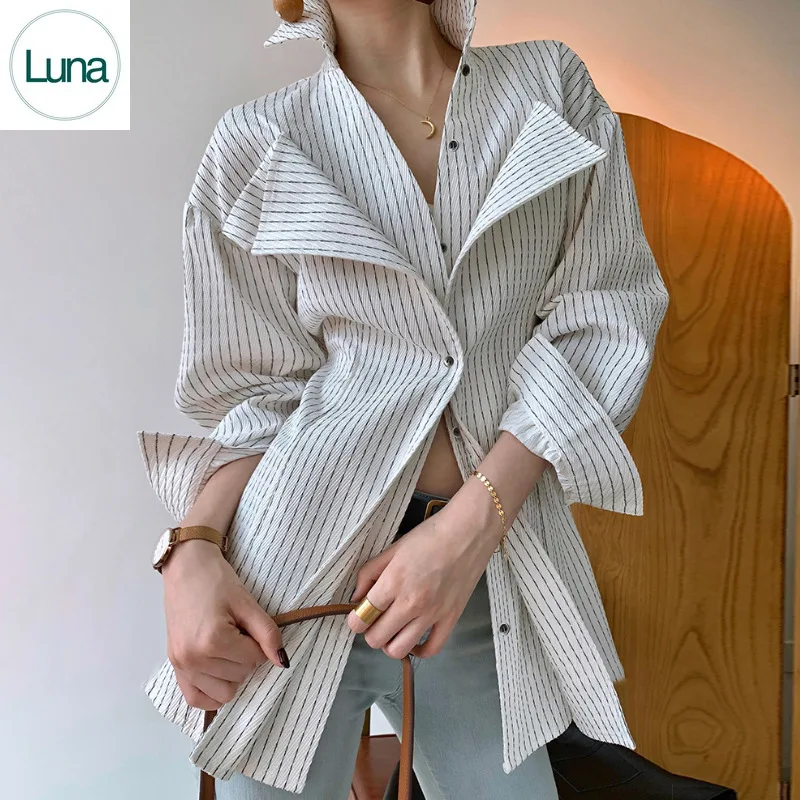 

2023 Autumn New Light Mature Casual Fit Top Suit Collar Side Opening Long Sleeve Fashion Stripe Women's Shirt