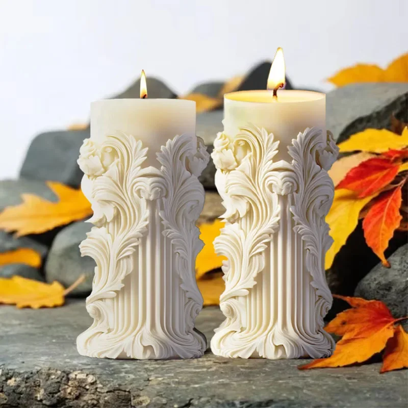 Wave pattern relief cylindrical candle silicone mold rattan flower carving Roman column candle mould curved column resin molds