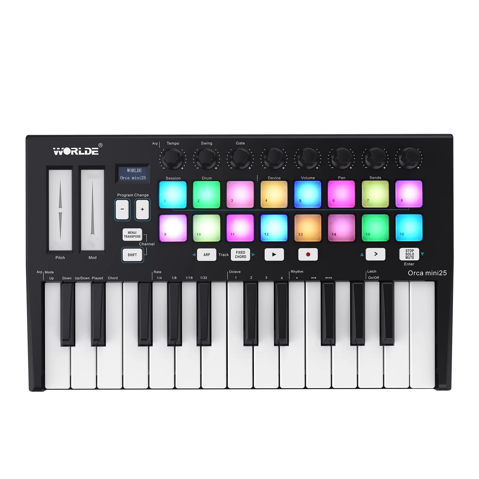 WORLDE Panda mini 25-Key USB MIDI Keyboard Controller Piano 8 RGB Backlit Trigger Pads Music
