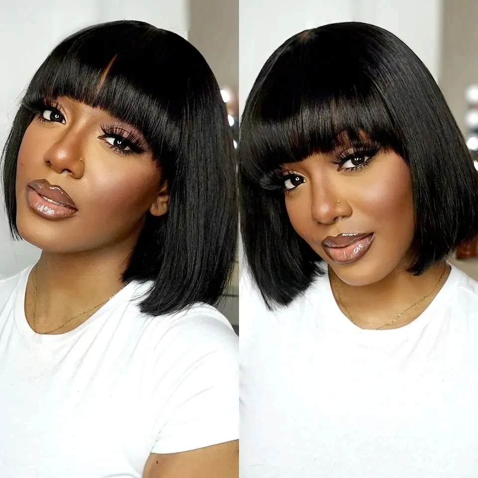 

Wiggogo Middle Part 3X1 Lace Wig Short Bob Wig Glueless Wig Human Hair Ready To Wear And Go Straight Human Hair Wigs With Bangs