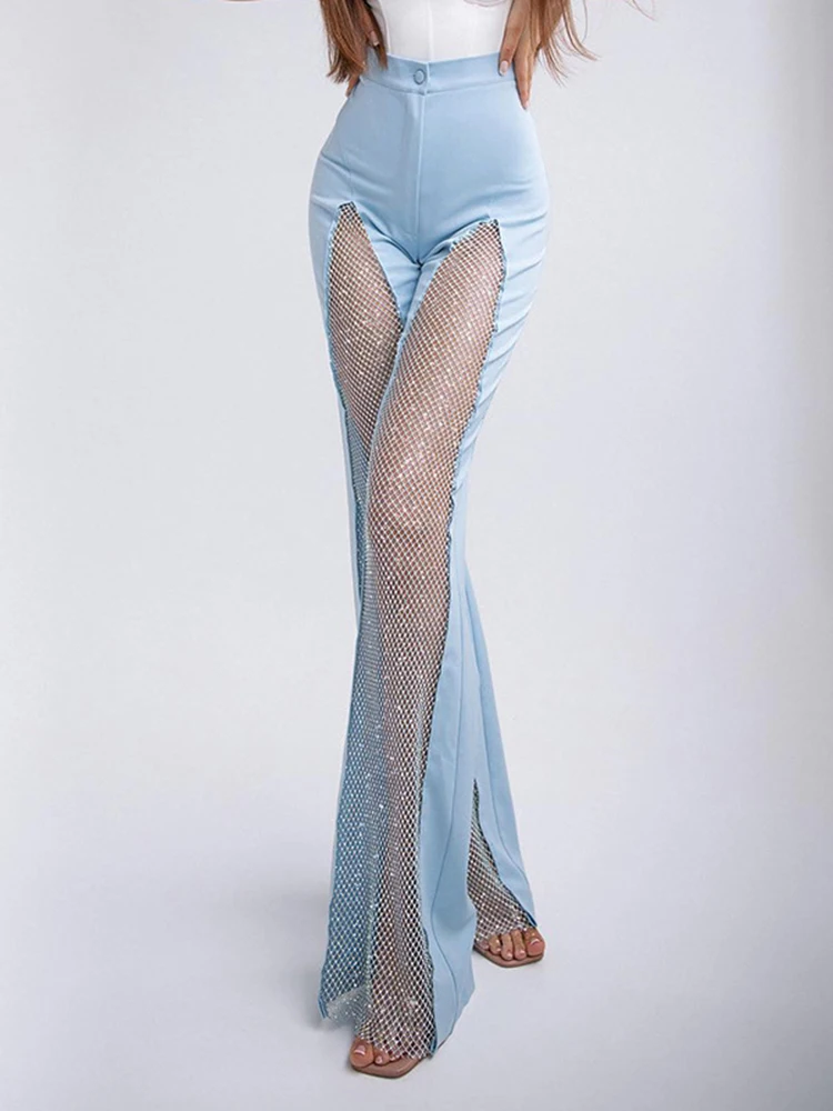 Sheer Mesh Glitter Flared Pants Met Top Sparkly Rhinestone Hollow Out Pant Wide Leg See Through Mesh Bottom Cover Up
