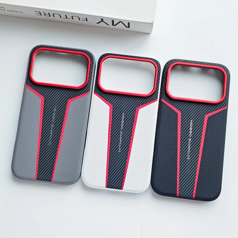 Premium Carbon Fiber Leather Protective Case with Metal Lens Ring - Anti-Drop Full Coverage