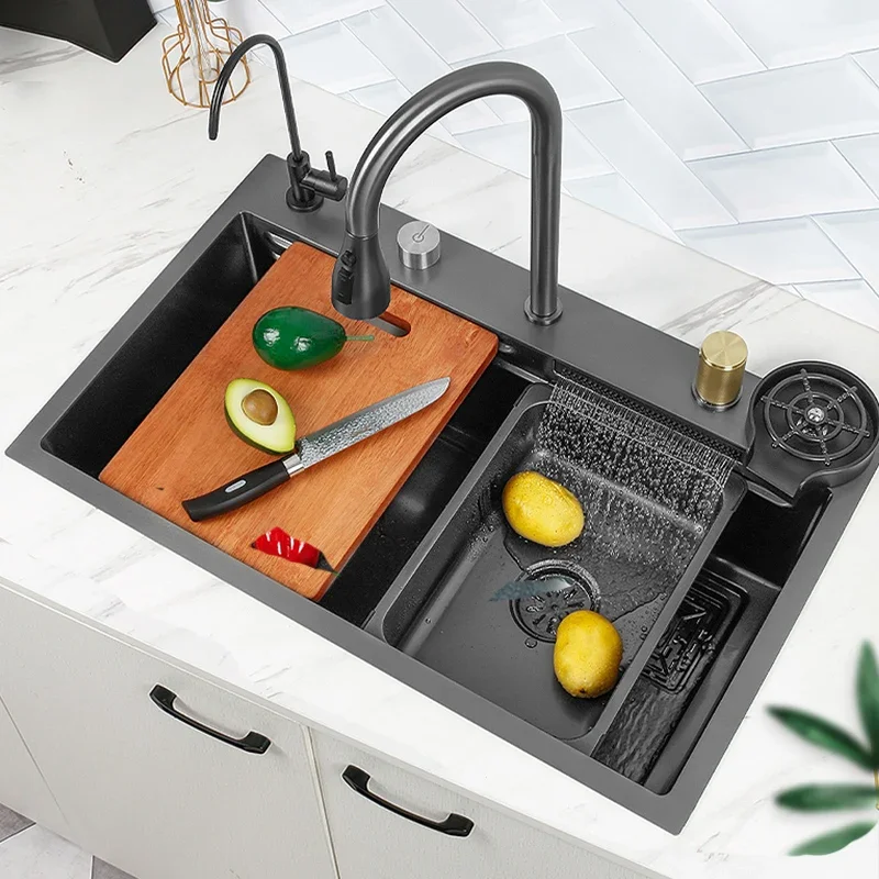 Black Nano Kitchen Sink 304 Stainless Steel Waterfall Sink Basin Large Single Bowl With Multifunction Touch Waterfall Faucet 3