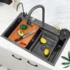 Black Nano Kitchen Sink 304 Stainless Steel Waterfall Sink Basin Large Single Bowl With Multifunction Touch Waterfall Faucet 3