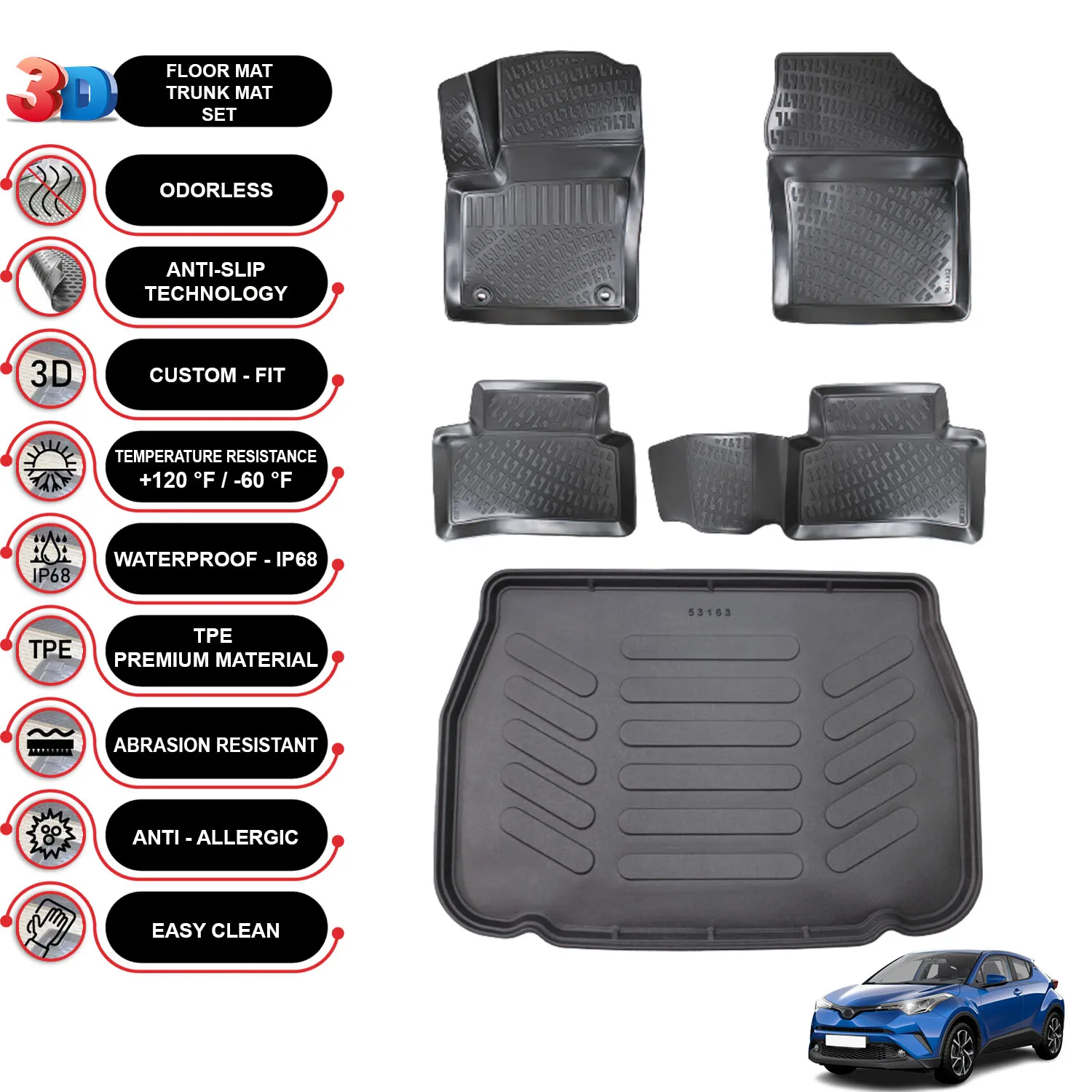 

Toyota C-HR - (2016-2022) - Floor Mats + Cargo Trunk Liner - SET - (Black)