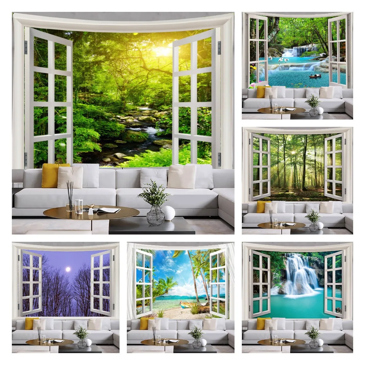 

Window Scenery Tapestry Wall Hanging for Bedroom Nature Landscpe Living Room Decor Aesthetic Home Decor Hippie Art Tapestries