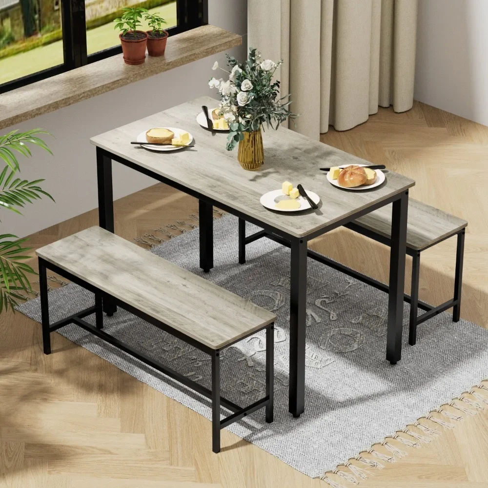 цена Dining Table Set Kitchen Table Set With 2 Benches Grey for Living Room Dining Room Furniture Home