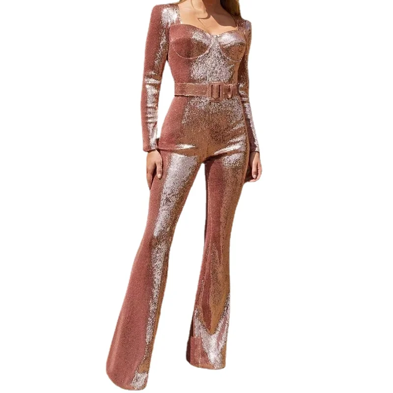 

0942 New 2022 Long Sleeve Belt Floor Sweeping Jumpsuit Sequins Evening Dress Women Suit