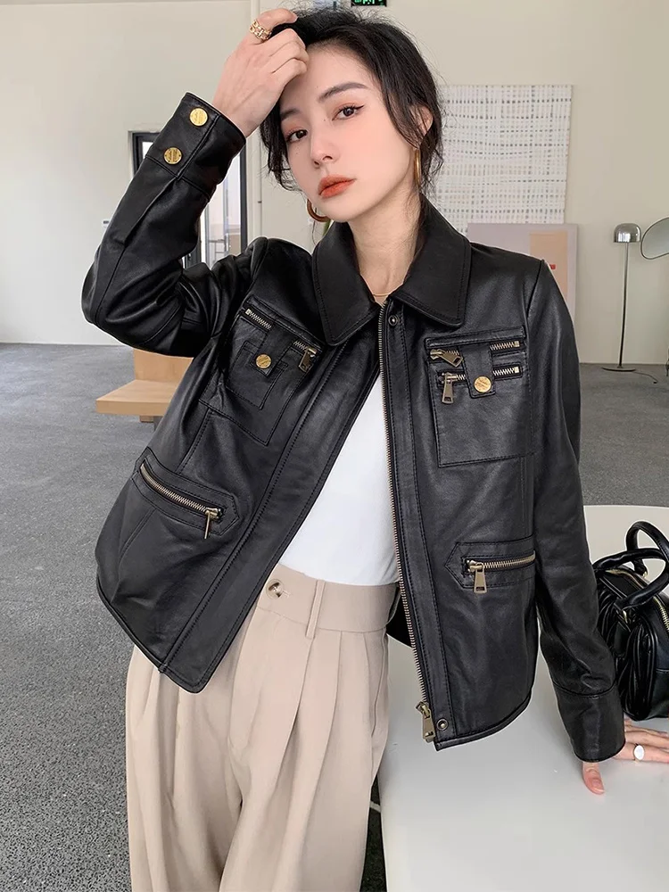 

Black Motorcycle Genuine Leather Jacket Women Spring Autumn 2023 Trend Short Biker Zipper Coat Natural Sheepskin Jackets