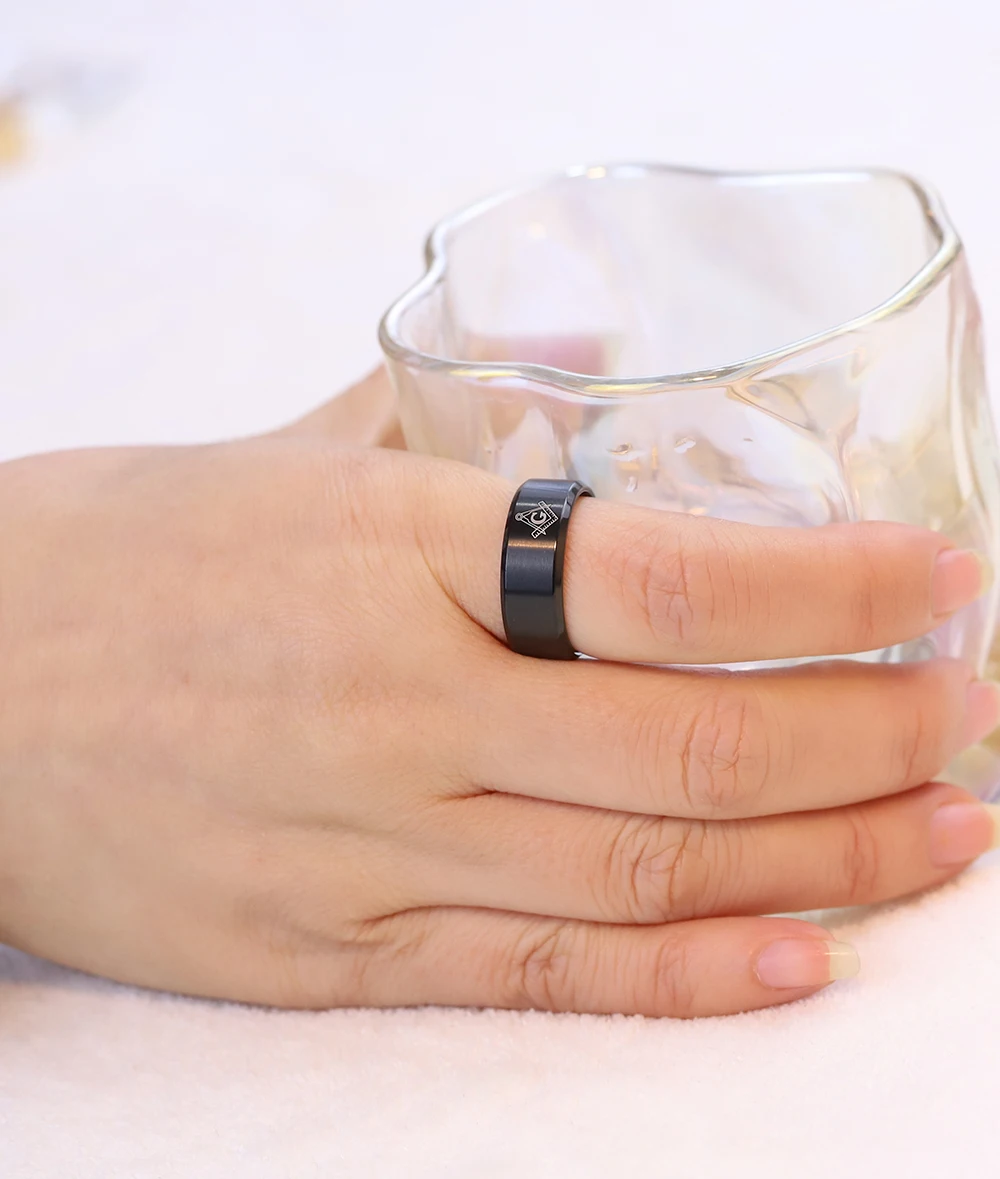 Elegant Black Masonic Stainless Steel Ring - Men's Wedding and Cocktail Jewelry