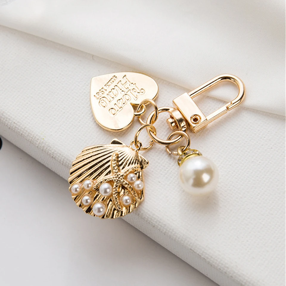 LABRIMP 12 Pcs Women's Keychain Set - Pearl Shell Pendant, Golden Alloy, Bag Charm & Purse Decor