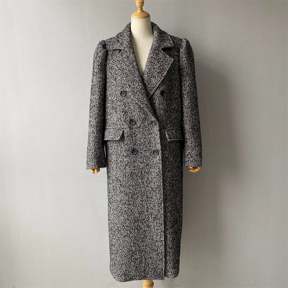 Double breasted wool coat striped pattern - detailed front view