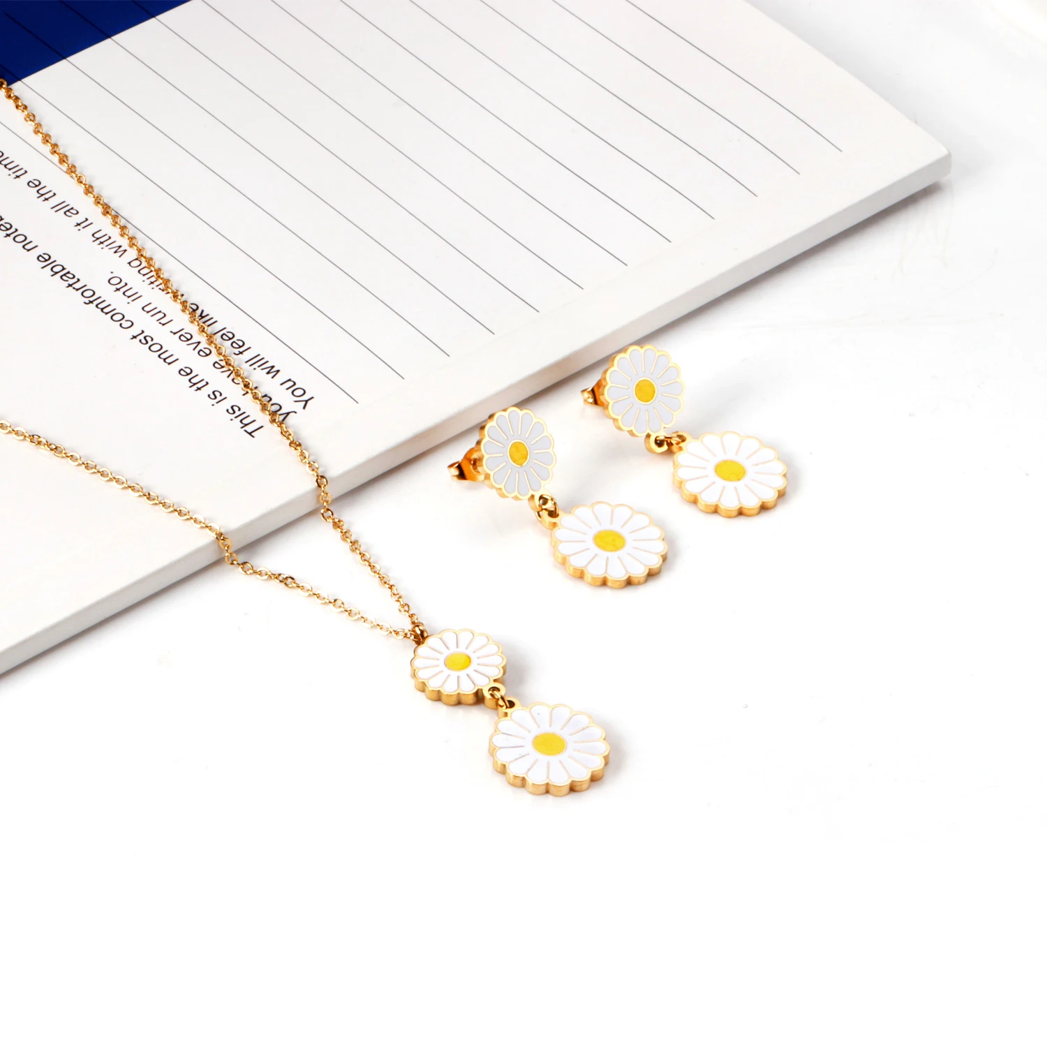 Jewelry Sets Women Jewelry Sets Yellow Flowers Pendant Necklace Earrings Stainless Steel Gold Color Trendy Summer