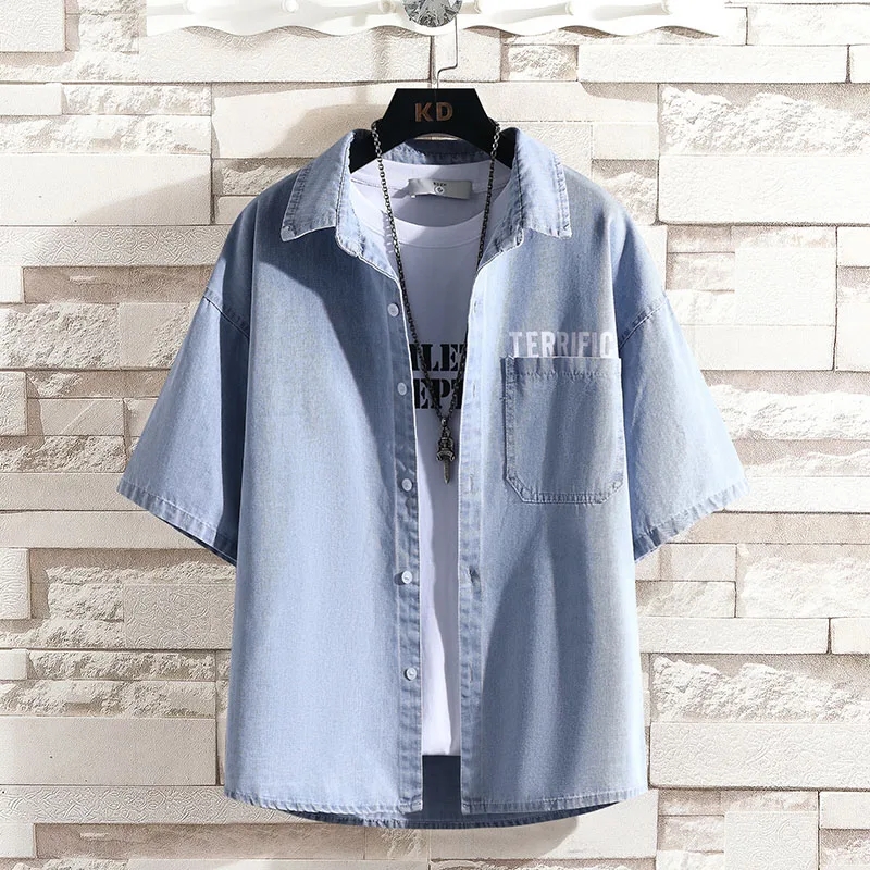 

Men's Denim Shirts Summer Fashion Light Blue Short Sleeve Comfortable Soft Daily Casual Shirt Men Clothing Chemise Homme