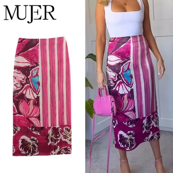 MUJER Print Satin Long Skirts for Women High Waist Midi Skirt Woman Summer Straight Women's Skirt Cylinder Vintage Woman Skirt