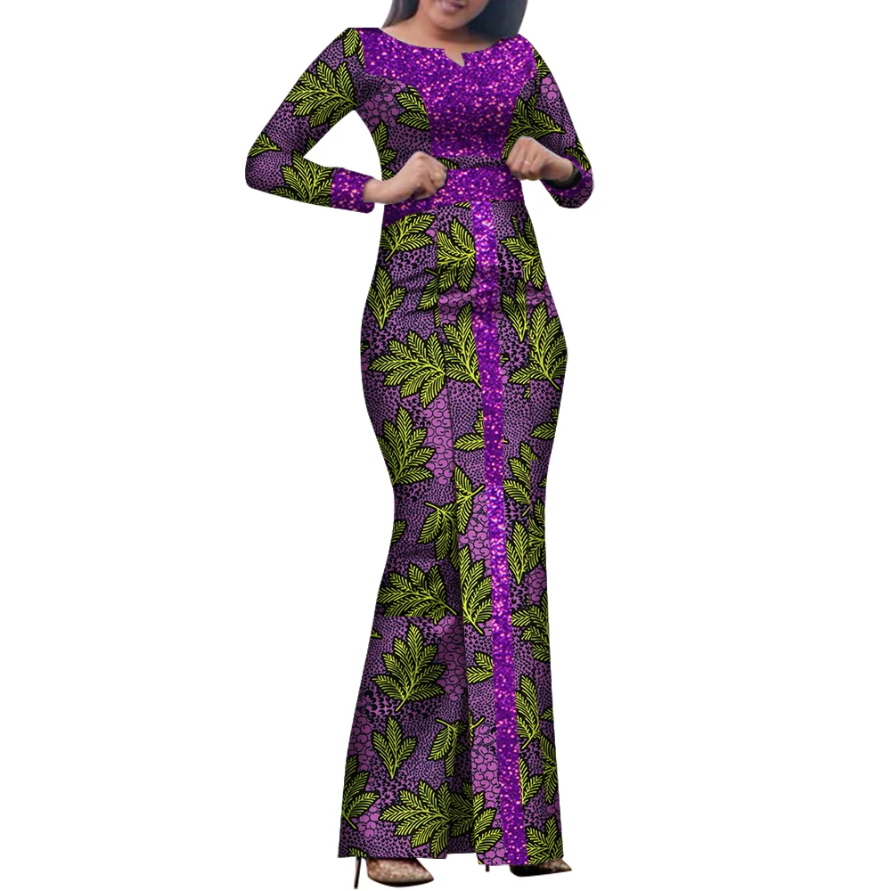 Bintarealwax African Maxi Dress Bazin Riche Sequined Print Wax Long Dresses Long Sleeve Plus Size S-7XL Africa Clothing WY8458