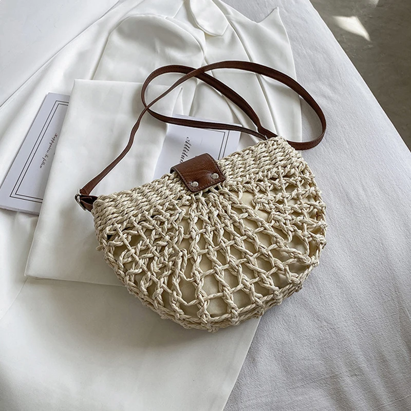 Fashion Straw Shoulder Messenger Bags Women's Hollow Designer Luxury Woven Bucket Bag Summer Beach Crossbody Bag Female Handbag