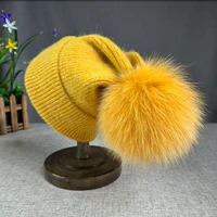 Cllikko New Angora fur winter hat For Women children fox fur pompom hats Beanies Big size Bonnet Female Soft Warm Skullies hat 2